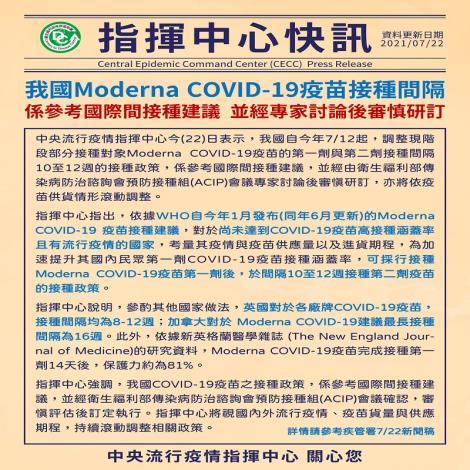 我國Moderna COVID-19疫苗接種間隔，係參考國際間接種建議，並經專家討論後審慎研訂