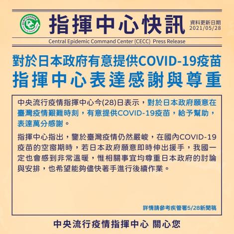 指揮中心對於日本政府有意提供COVID-19疫苗，表達感謝與尊重