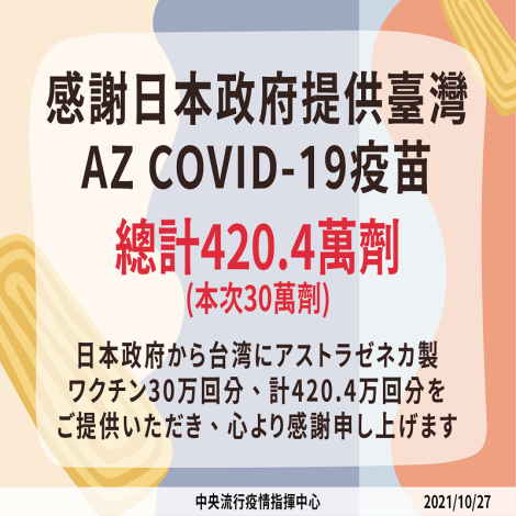 日本提供30萬劑AZ疫苗於10月27日上午抵臺