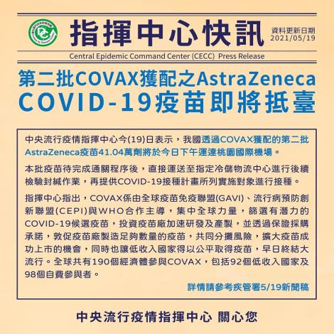 第二批COVAX獲配之AstraZeneca COVID-19疫苗即將抵臺