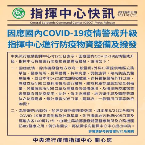 因應國內COVID-19疫情警戒升級，指揮中心進行防疫物資整備及撥發