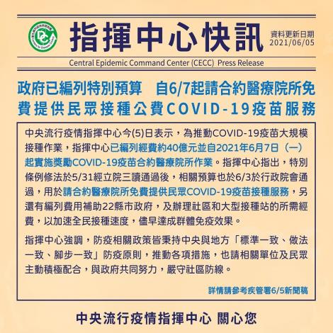 指揮中心：政府已於特別預算編列40億，請合約醫療院所免費提供民眾接種公費COVID-19疫苗服務，自6月7日起實施