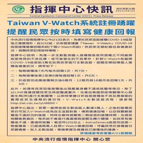 Taiwan V-Watch系統註冊踴躍，提醒民眾按時填寫健康回報