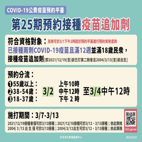 COVID-19公費疫苗平臺於每週三至週五，開放滿18歲以上民眾預約接種追加劑