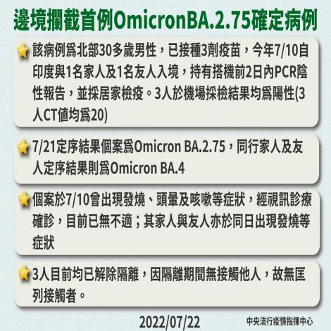 我國境外移入檢驗出首例 Omicron亞型變異株BA.2.75境外移入確定病例01