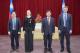 圖說三:外交部長林佳龍、立陶宛莎卡琳恩前部長(左二)、駐台代表裴凱倫(右一)及外交部歐洲司副司長陳明杰(左一)合影。