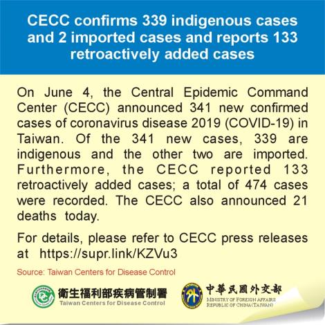 CECC confirms 339 indigenous cases and 2 imported cases and reports 133 retroactively added cases