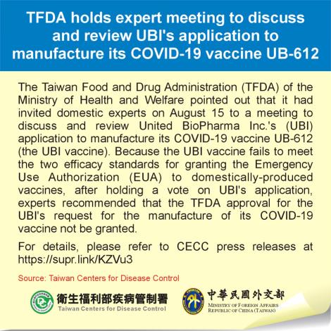 TFDA holds expert meeting to discuss and review UBI's application to manufacture its COVID-19 vaccine UB-612