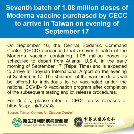 Seventh batch of 1.08 million doses of Moderna vaccine purchased by CECC to arrive in Taiwan on evening of September 17