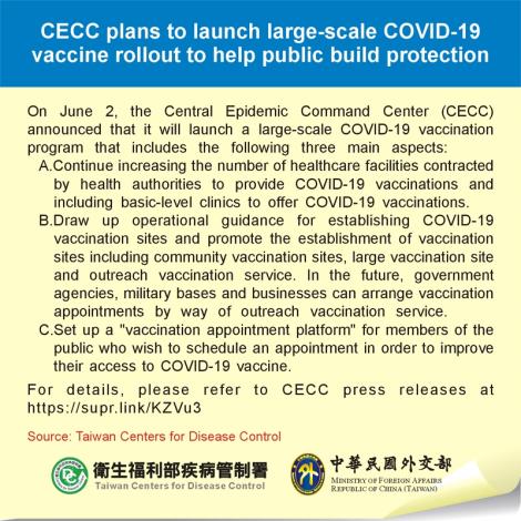 CECC plans to launch large-scale COVID-19 vaccine rollout to help public build protection