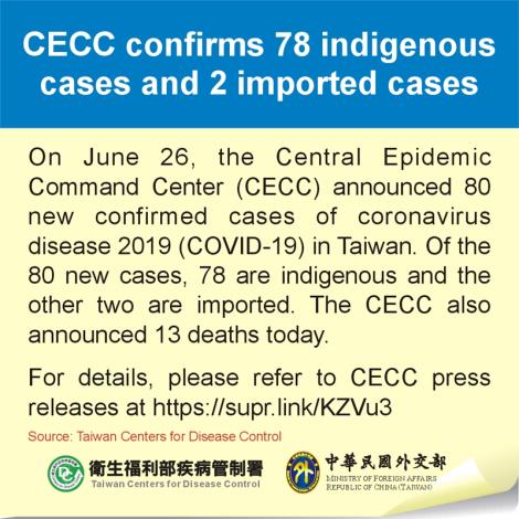 CECC confirms 78 indigenous cases and 2 imported cases