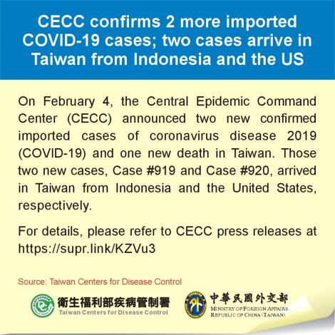 CECC confirms 2 more imported COVID-19 cases; two cases arrive in Taiwan from Indonesia and the US