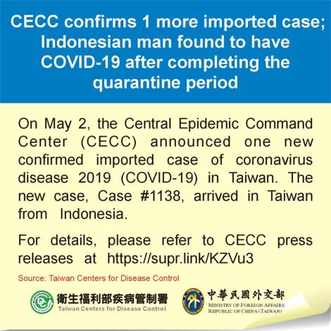 CECC confirms 1 more imported case; Indonesian man found to have COVID-19 after completing the quarantine period