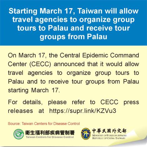 Starting March 17, Taiwan will allow travel agencies to organize group tours to Palau and receive tour groups from Palau
