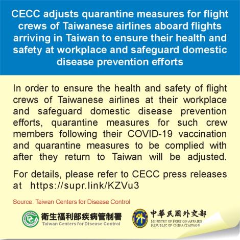 CECC adjusts quarantine measures for flight crews of Taiwanese airlines aboard flights arriving in Taiwan to ensure their health and safety at workplace and safeguard domestic disease prevention efforts