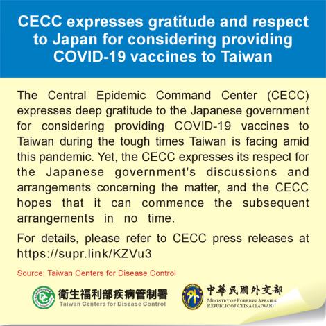 CECC expresses gratitude and respect to Japan for considering providing COVID-19 vaccines to Taiwan