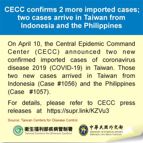CECC confirms 2 more imported cases; two cases arrive in Taiwan from Indonesia and the Philippines