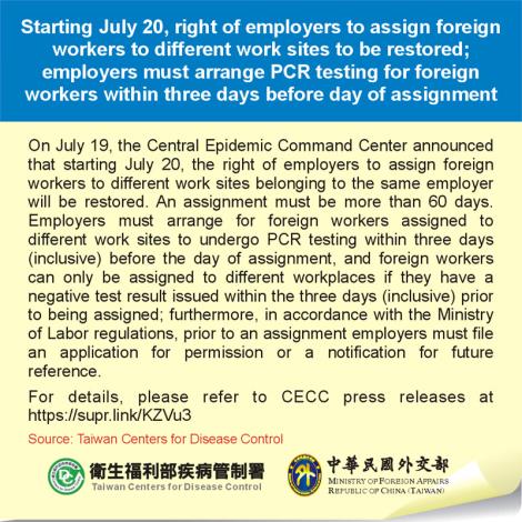 Starting July 20, right of employers to assign foreign workers to different work sites to be restored; employers must arrange PCR testing for foreign workers within three days before day of assignment