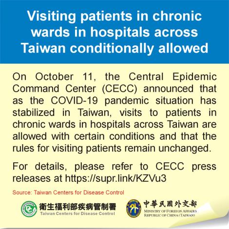 Visiting patients in chronic wards in hospitals across Taiwan conditionally allowed