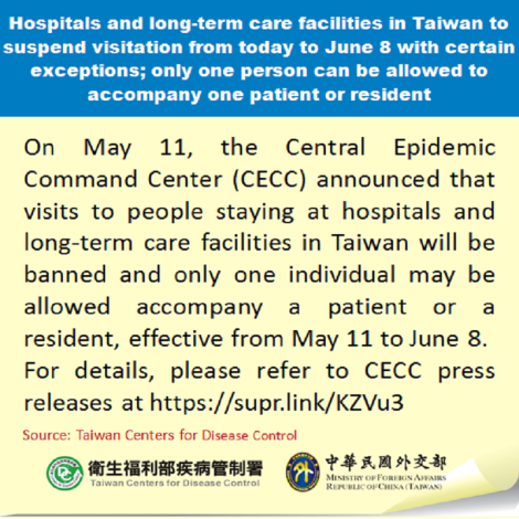 Hospitals and long-term care facilities in Taiwan to suspend visitation from today to June 8 with certain exceptions; only one person can be allowed to accompany one patient or resident