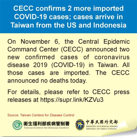 CECC confirms 2 more imported COVID-19 cases; cases arrive in Taiwan from the US and Indonesia