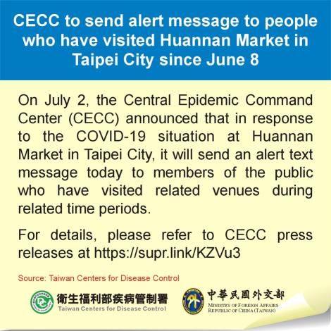 CECC to send alert message to people who have visited Huannan Market in Taipei City since June 8