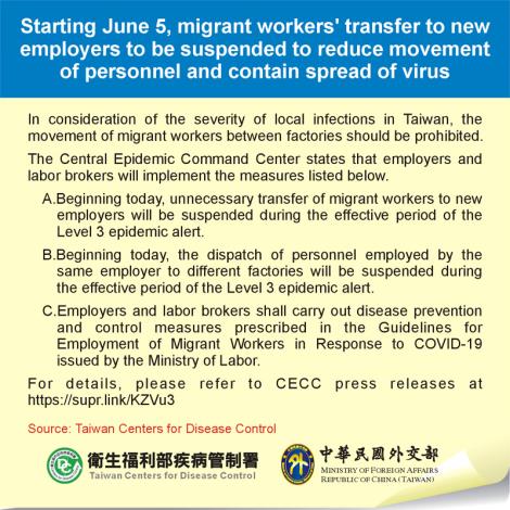 Starting June 5, migrant workers' transfer to new employers to be suspended to reduce movement of personnel and contain spread of virus