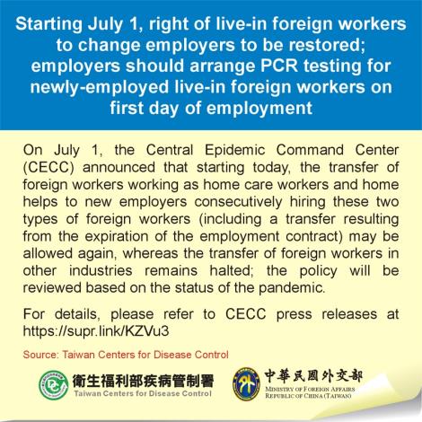 Starting July 1, right of live-in foreign workers to change employers to be restored; employers should arrange PCR testing for newly-employed live-in foreign workers on first day of employment