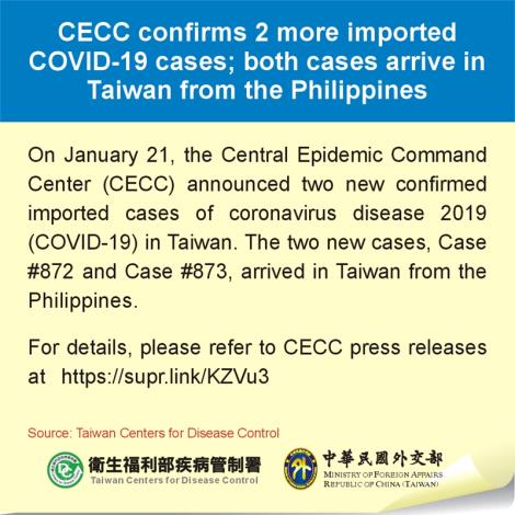 CECC confirms 2 more imported COVID-19 cases; both cases arrive in Taiwan from the Philippines