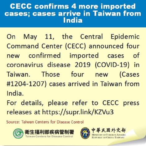 CECC confirms 4 more imported cases; cases arrive in Taiwan from India