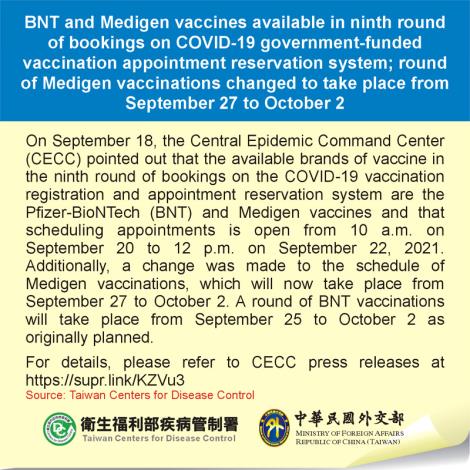 BNT and Medigen vaccines available in ninth round of bookings on COVID-19 government-funded vaccination appointment reservation system; round of Medigen vaccinations changed to take place from September 27 