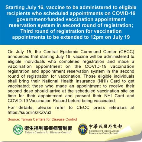 Starting July 16, vaccine to be administered to eligible recipients who scheduled appointments on COVID-19 government-funded vaccination appointment reservation system in second round of registration