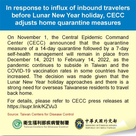 In response to influx of inbound travelers before Lunar New Year holiday, CECC adjusts home quarantine measures