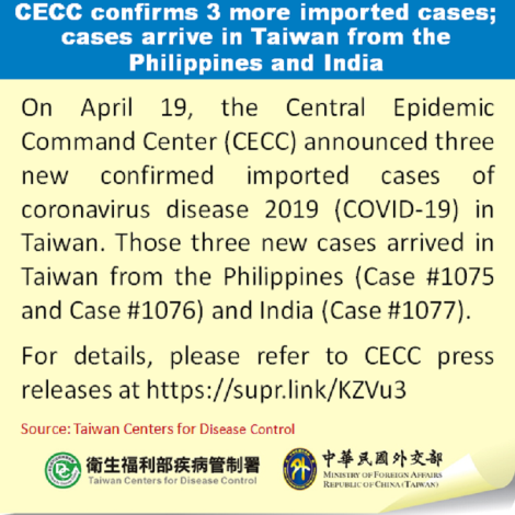 CECC confirms 3 more imported cases; cases arrive in Taiwan from the Philippines and India