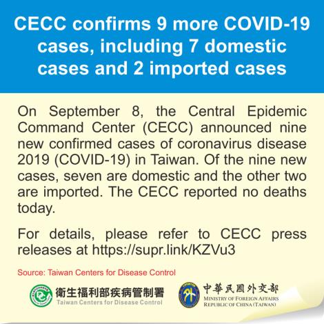 CECC confirms 9 more COVID-19 cases, including 7 domestic cases and 2 imported cases