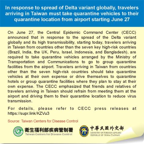 In response to spread of Delta variant globally, travelers arriving in Taiwan must take quarantine vehicles to their quarantine location from airport starting June 27