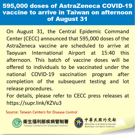 595,000 doses of AstraZeneca COVID-19 vaccine to arrive in Taiwan on afternoon of August 31