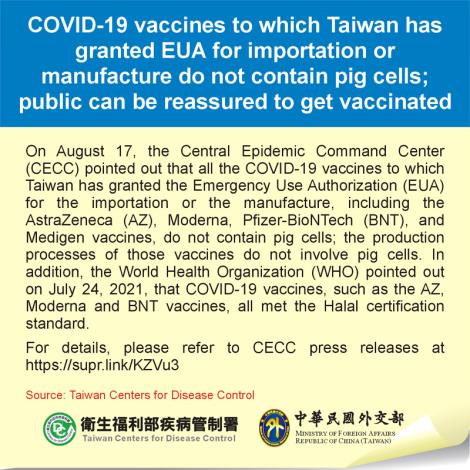 COVID-19 vaccines to which Taiwan has granted EUA for importation or manufacture do not contain pig cells; public can be reassured to get vaccinated