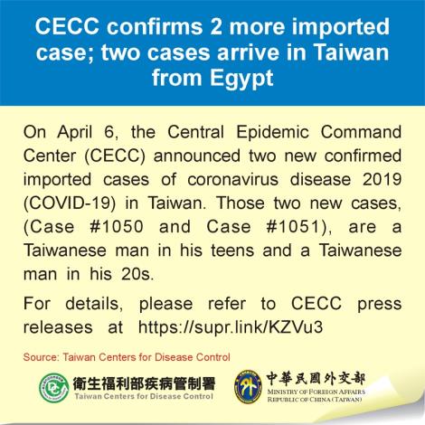 CECC confirms 2 more imported case; two cases arrive in Taiwan from Egypt