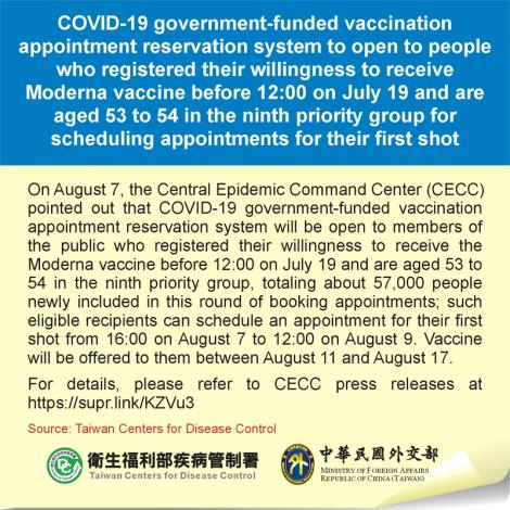 COVID-19 government-funded vaccination appointment reservation system to open to people who registered their willingness to receive Moderna vaccine before 12:00 on July 19 and are aged 53 to 54 in the ninth priority group for scheduling appointments for their first shot