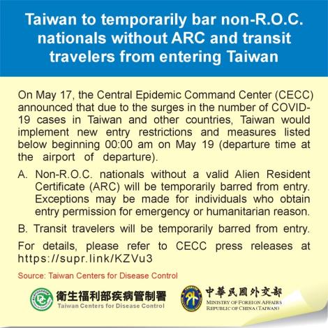 Taiwan to temporarily bar non-R.O.C. nationals without ARC and transit travelers from entering Taiwan