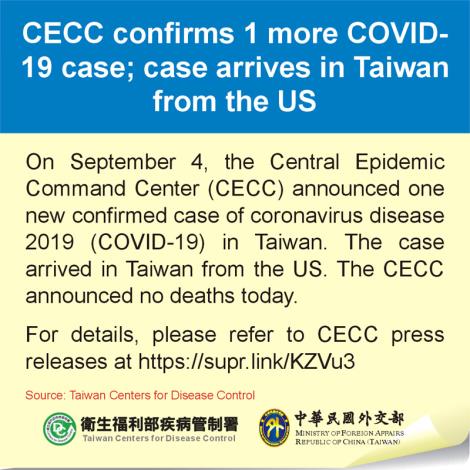 CECC confirms 1 more COVID-19 case; case arrives in Taiwan from the US