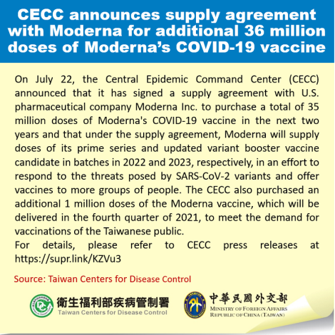 CECC announces supply agreement with Moderna for additional 36 million doses of Moderna’s COVID-19 vaccine