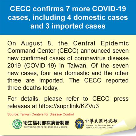 CECC confirms 7 more COVID-19 cases, including 4 domestic cases and 3 imported cases