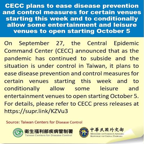 CECC plans to ease disease prevention and control measures for certain venues starting this week and to conditionally allow some entertainment and leisure venues to open starting October 5