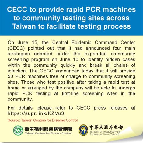 CECC to provide rapid PCR machines to community testing sites across Taiwan to facilitate testing process