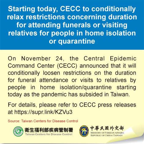 Starting today, CECC to conditionally relax restrictions concerning duration for attending funerals or visiting relatives for people in home isolation or quarantine
