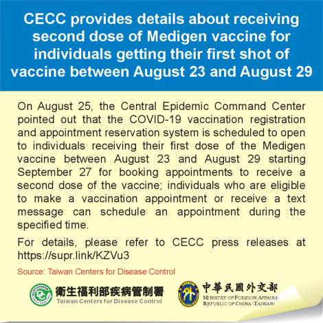 CECC provides details about receiving second dose of Medigen vaccine for individuals getting their first shot of vaccine between August 23 and August 29