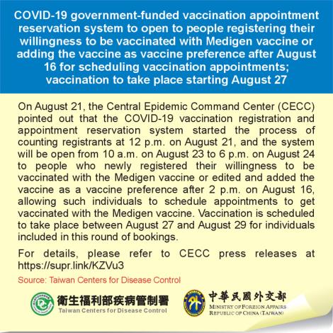 COVID-19 government-funded vaccination appointment reservation system to open to people registering their willingness to be vaccinated with Medigen vaccine or adding the vaccine as vaccine preference after August 16 for scheduling vaccination appointments; vaccination to take place starting August 27
