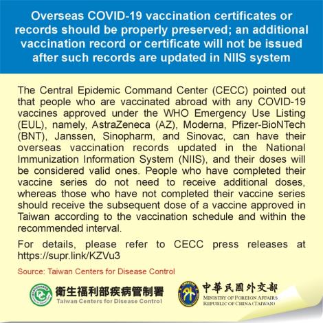 Overseas COVID-19 vaccination certificates or records should be properly preserved; an additional vaccination record or certificate will not be issued after such records are updated in NIIS system